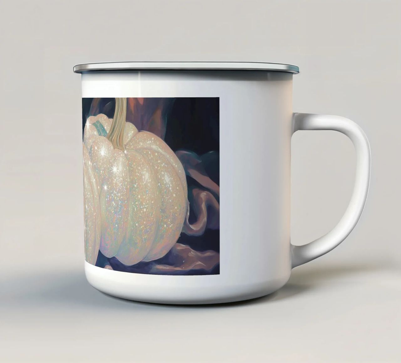 Zucche bianche scintillanti tazza in smalto da Melloi Art Print