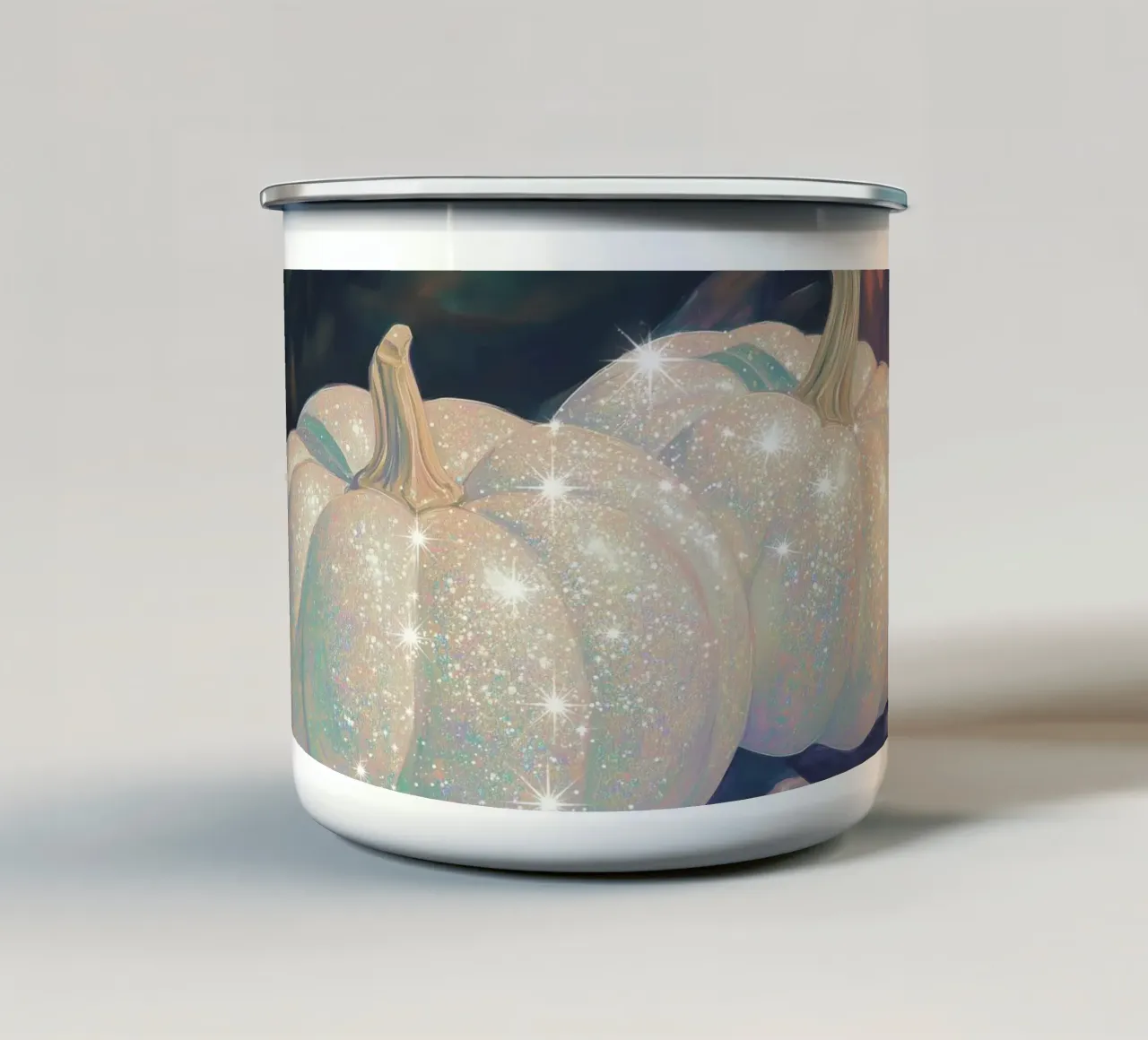 Glittering White Pumpkins enamel mug by Melloi Art Print