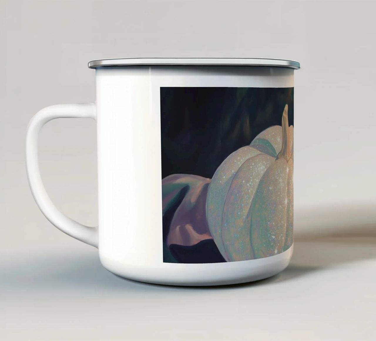 Zucche bianche scintillanti tazza in smalto da Melloi Art Print
