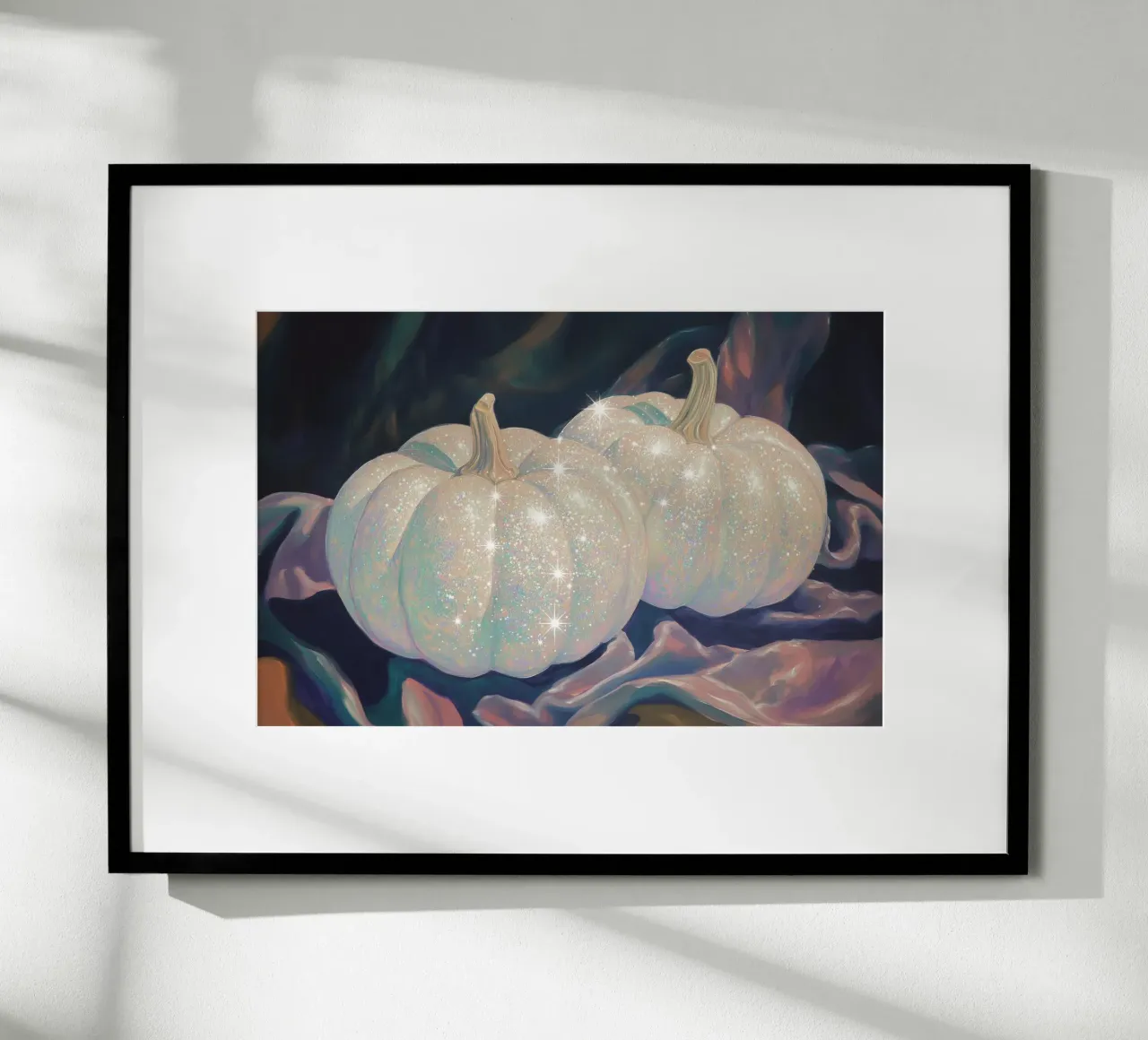 Zucche bianche scintillanti poster con telaio in alluminio da Melloi Art Print