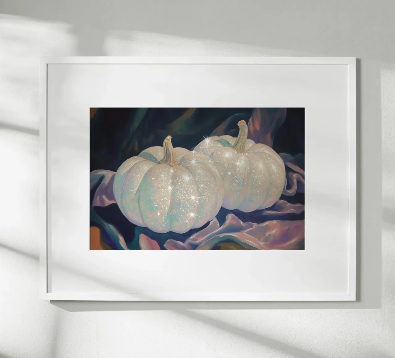 Zucche bianche scintillanti poster con telaio in alluminio da Melloi Art Print