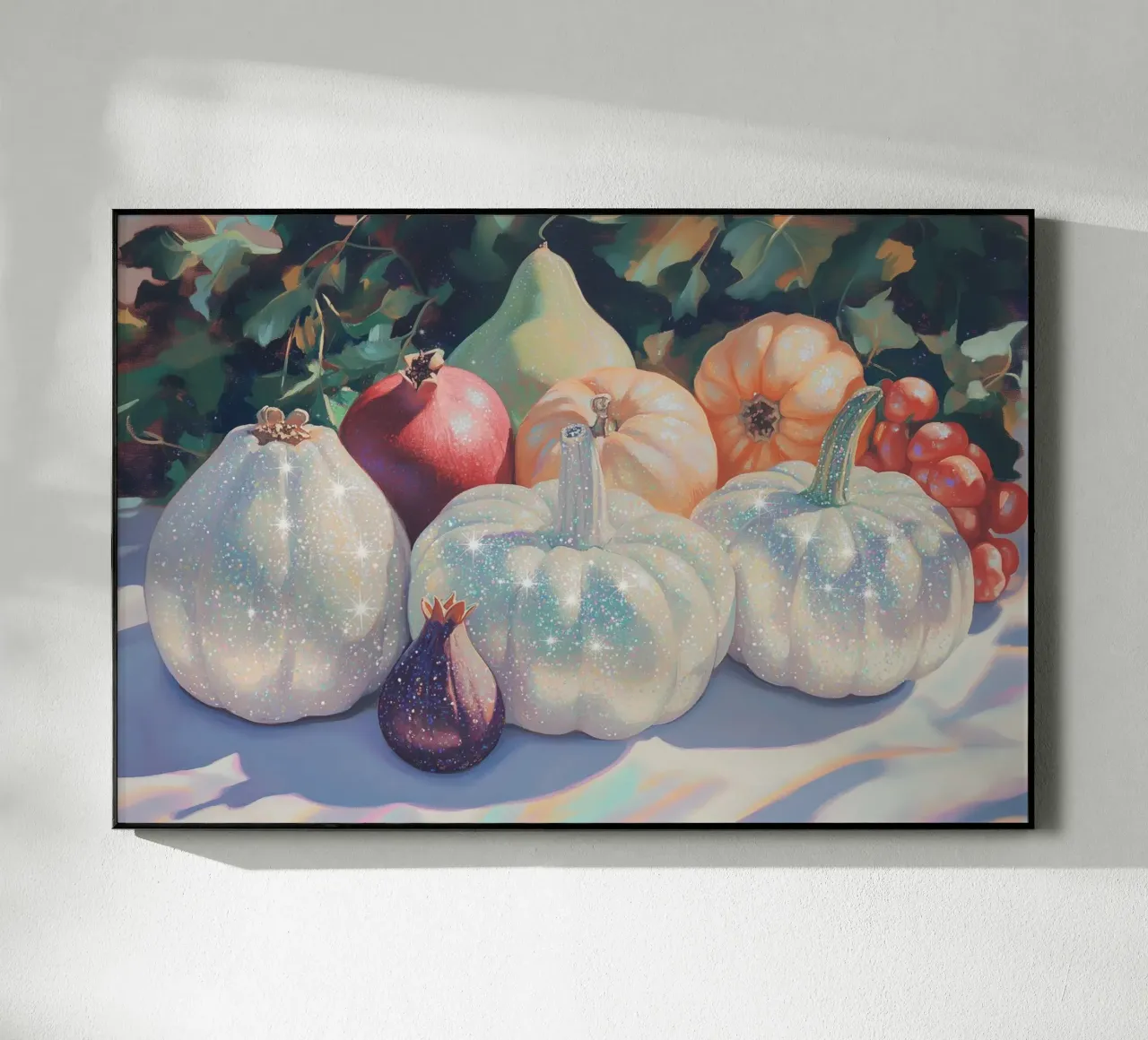 Raccolta autunnale con zucche scintillanti plexiglass da Melloi Art Print