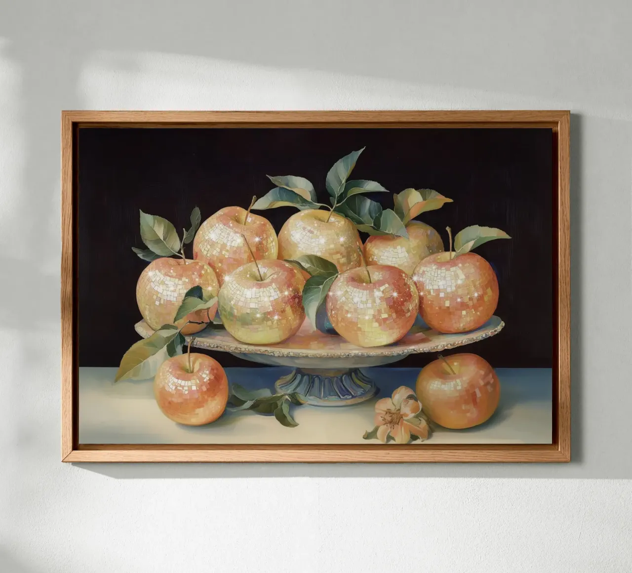 Still Life of Disco Apples on a Decorative Plate canvas with Floater frame by Melloi Art Print