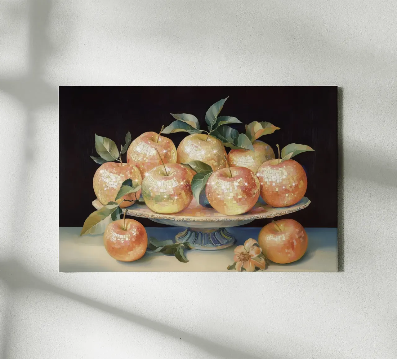 Still Life of Disco Apples on a Decorative Plate canvas with Floater frame by Melloi Art Print
