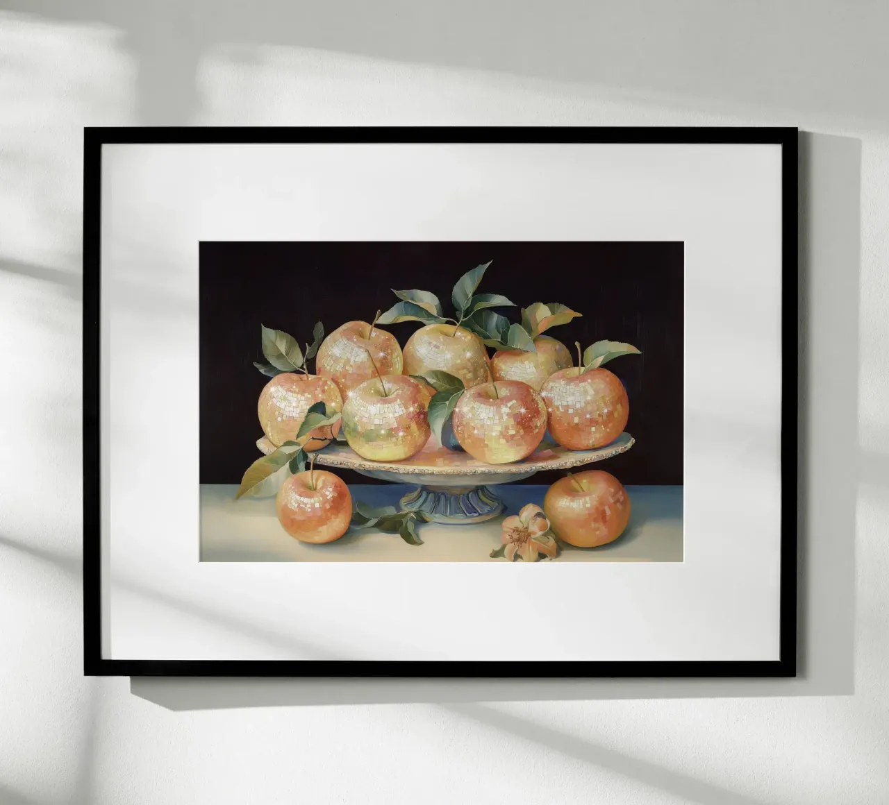 Still Life of Disco Apples on a Decorative Plate poster with wooden frame by Melloi Art Print