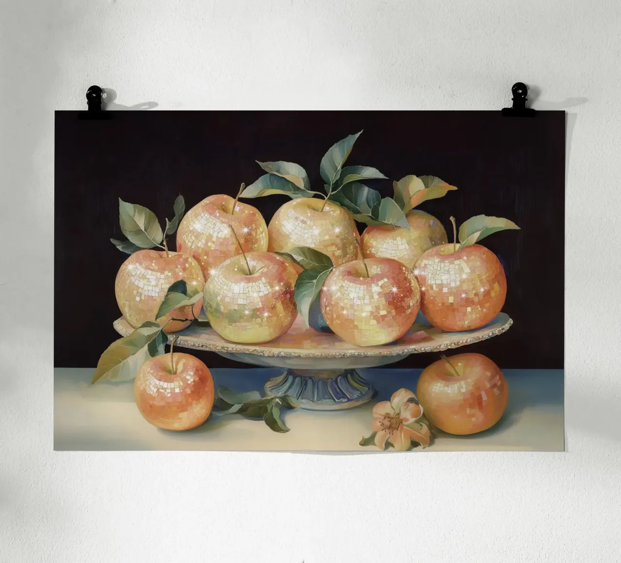 Still Life of Disco Apples on a Decorative Plate poster with wooden frame by Melloi Art Print