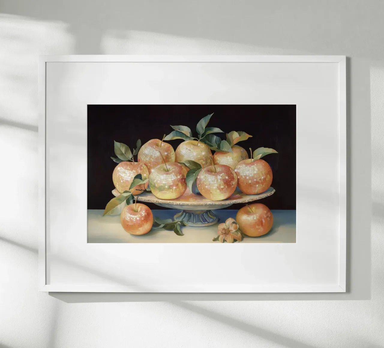 Still Life of Disco Apples on a Decorative Plate poster with wooden frame by Melloi Art Print