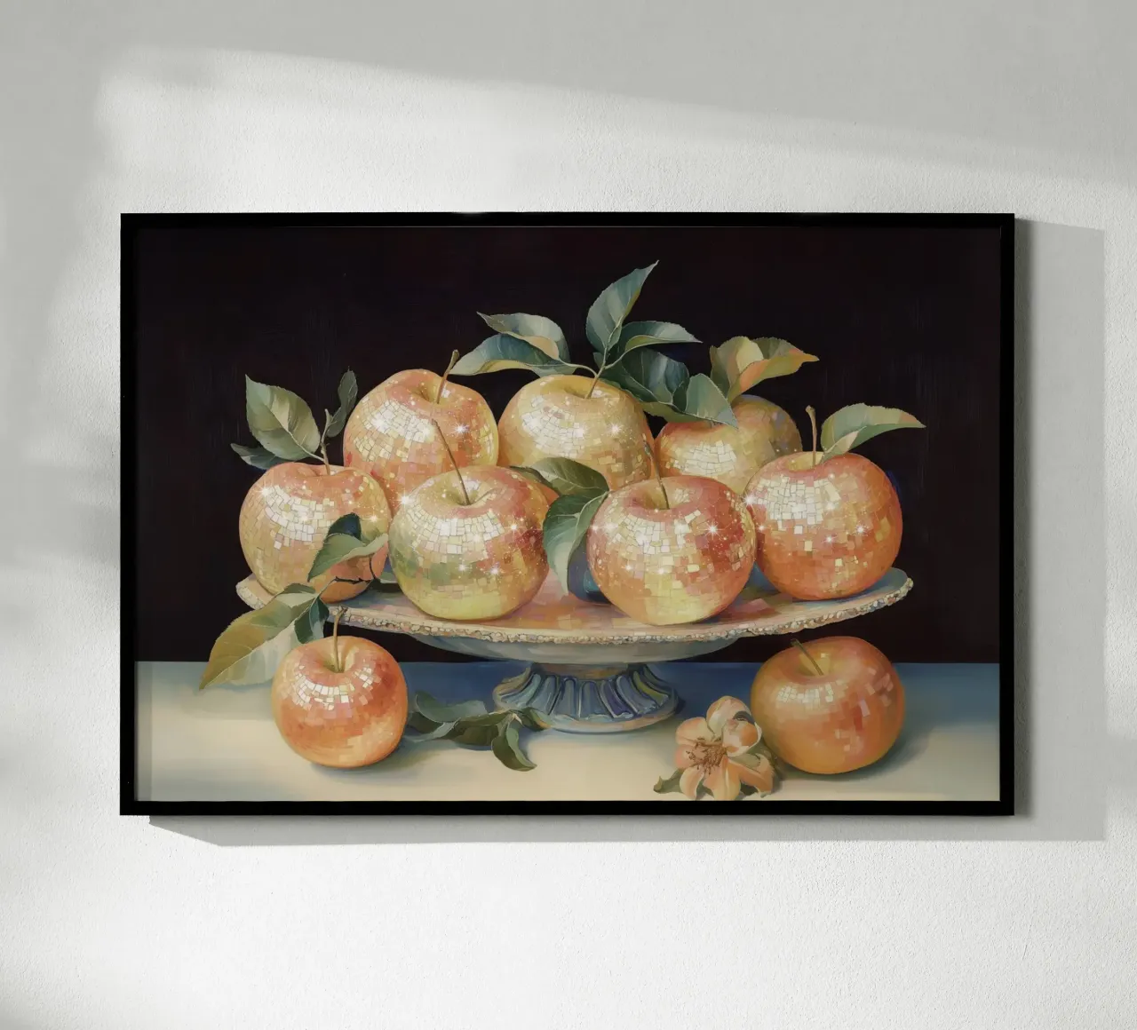 Still Life of Disco Apples on a Decorative Plate poster with wooden frame by Melloi Art Print
