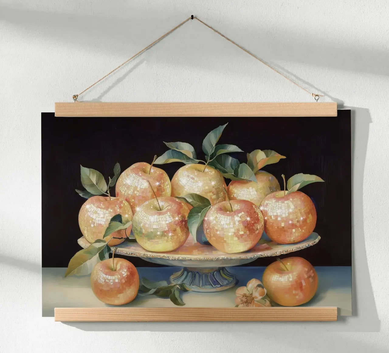 Still Life of Disco Apples on a Decorative Plate poster with wooden frame by Melloi Art Print