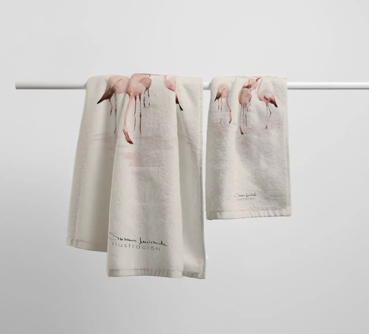 Flamants dessinés à la main dans des tons doux de rose saumon. serviette de bain de Art by Susana Miranda ilustración