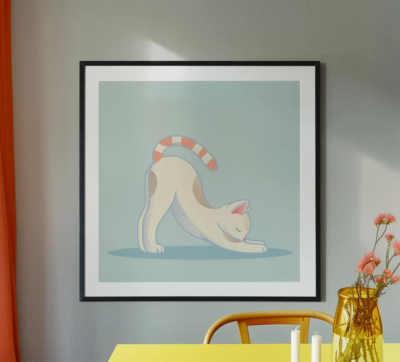 Gatto in posa yoga - stretching e rilassamento poster con telaio in alluminio da namosh