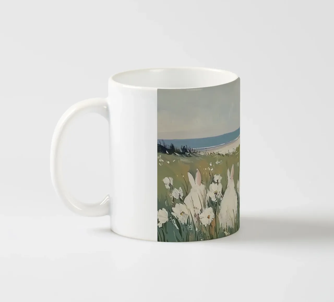 Conigli in un campo di fiori costiero tazza in ceramica da Melloi Art Print