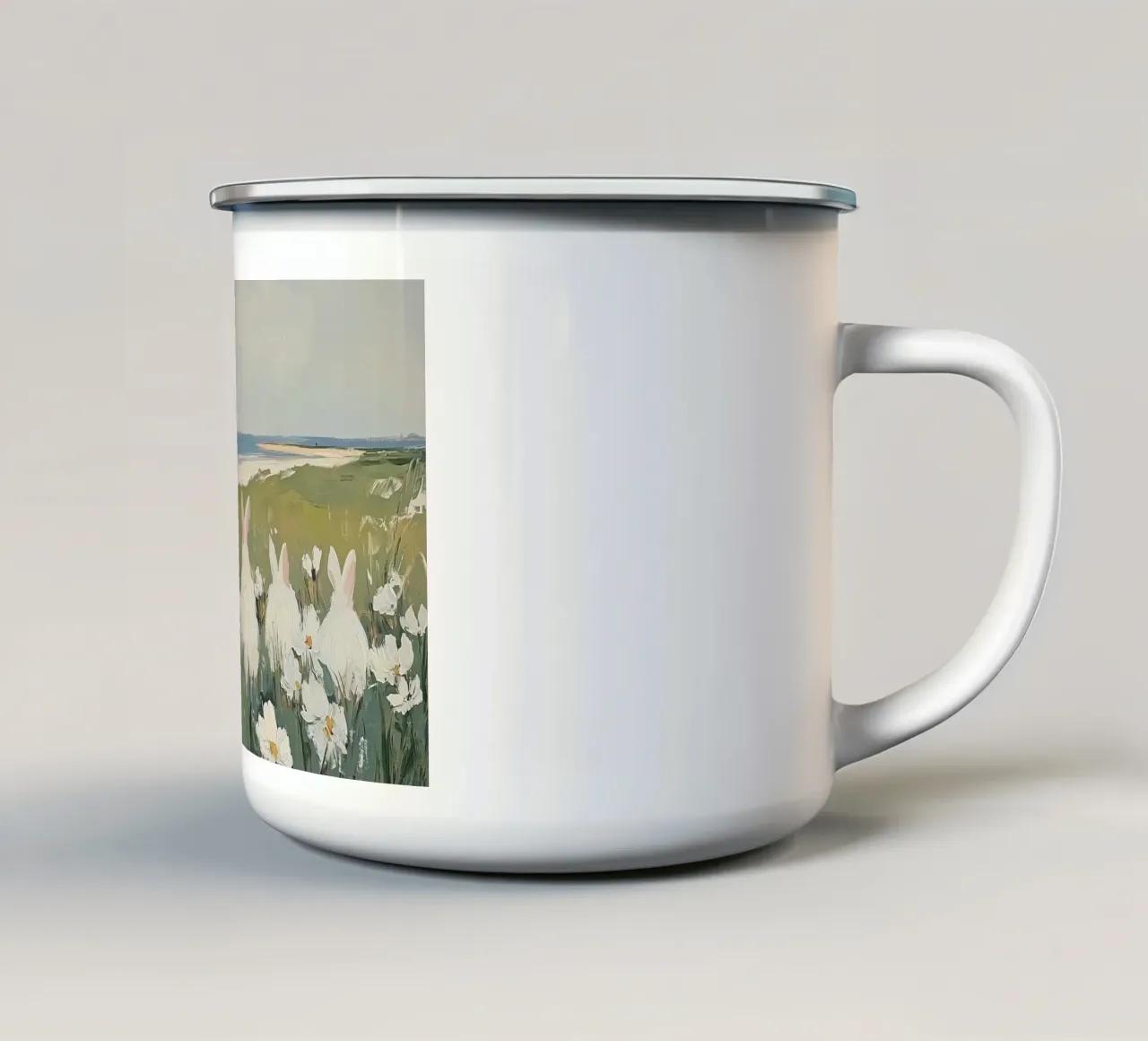 Conigli in un campo di fiori costiero tazza in smalto da Melloi Art Print