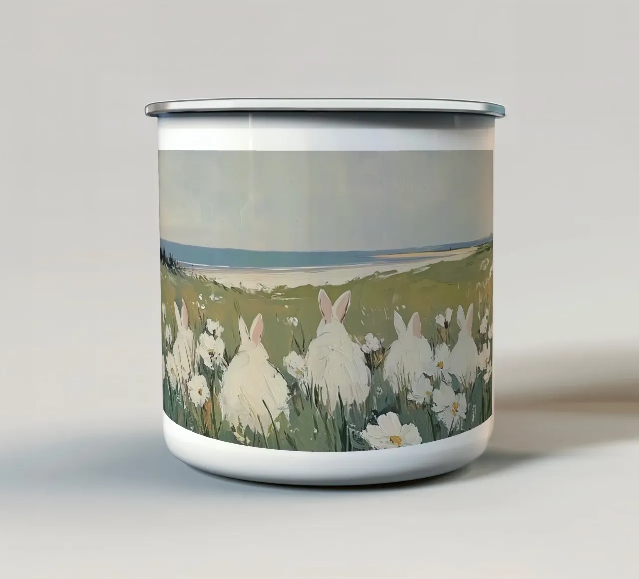 Conigli in un campo di fiori costiero tazza in smalto da Melloi Art Print