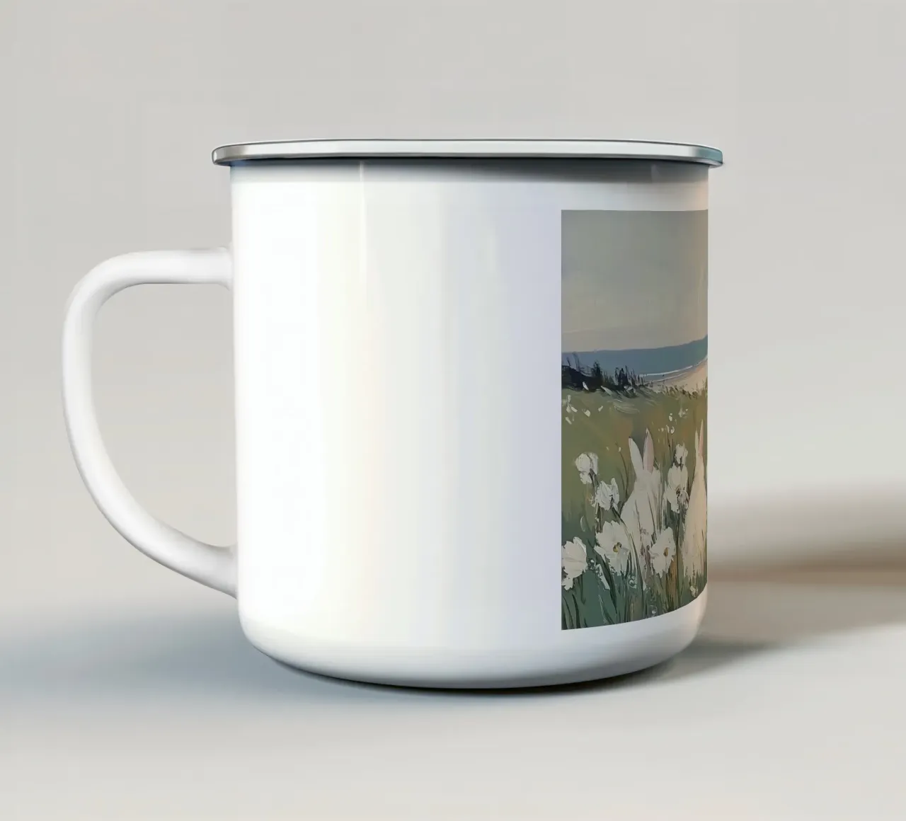 Conigli in un campo di fiori costiero tazza in smalto da Melloi Art Print