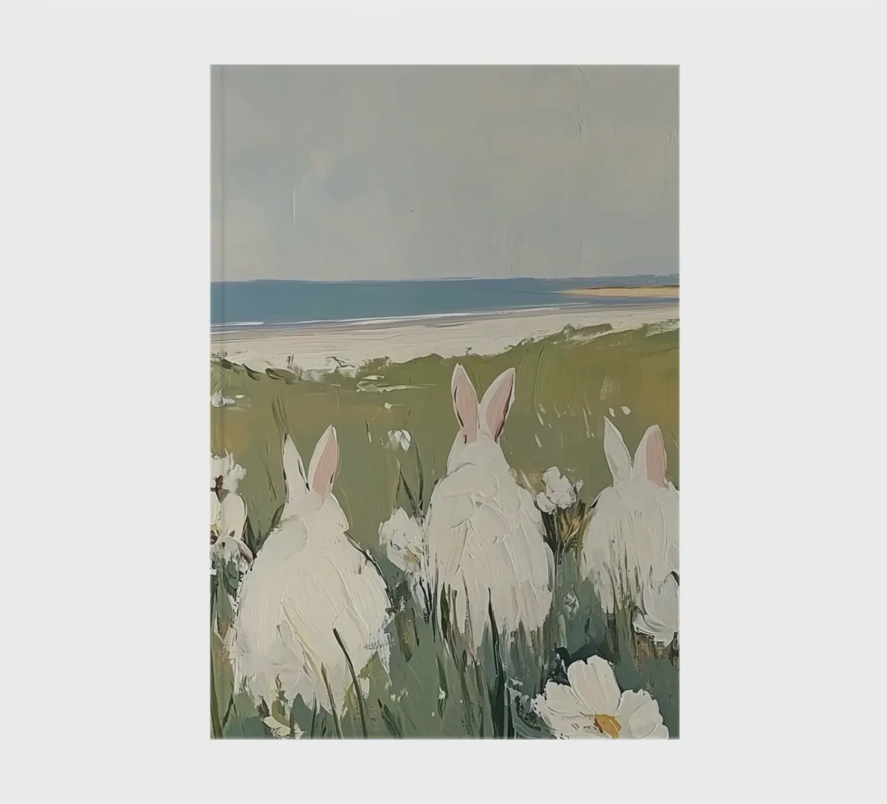 Rabbits in a Coastal Flower Field notebook by Melloi Art Print