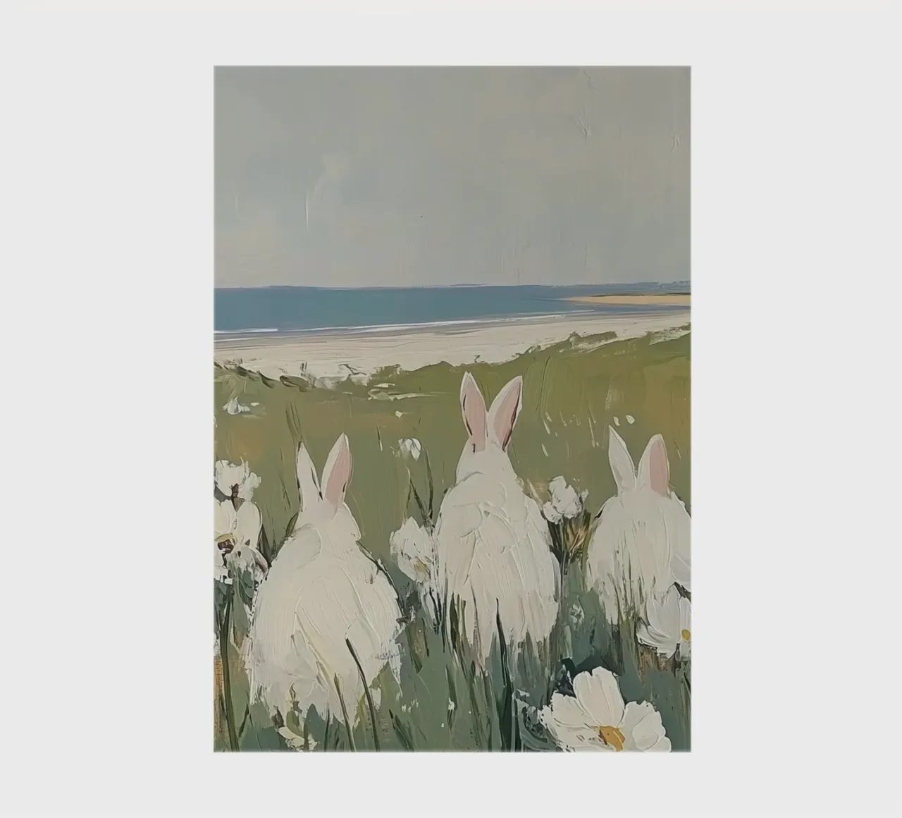 Rabbits in a Coastal Flower Field notebook by Melloi Art Print
