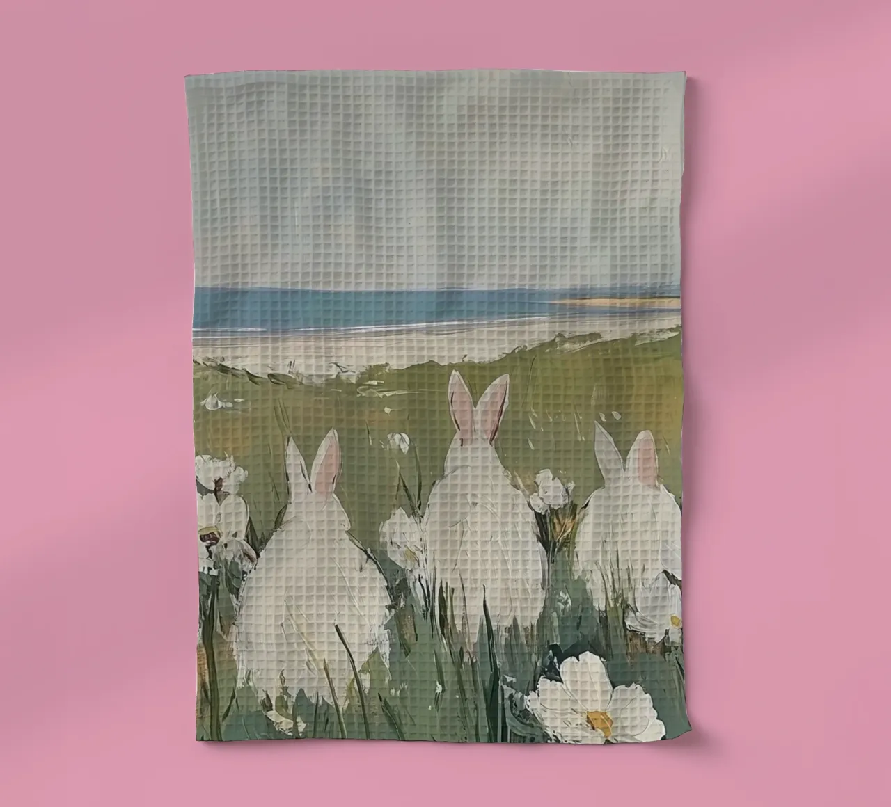 Lapins dans un champ de fleurs côtier torchon de Melloi Art Print