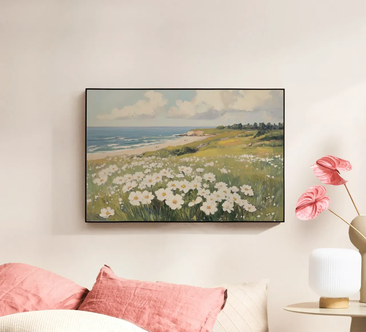 Paesaggio costiero con fiori selvatici a margherita in fiore plexiglass da Melloi Art Print