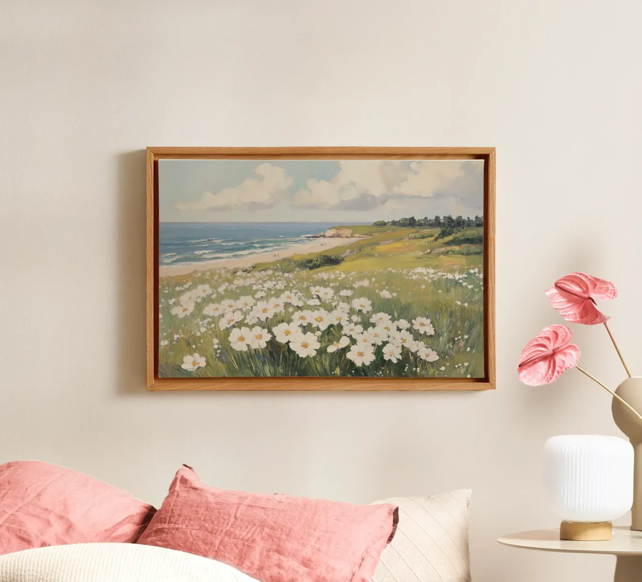 Paesaggio costiero con fiori selvatici a margherita in fiore tela con Cornice a cassetta da Melloi Art Print