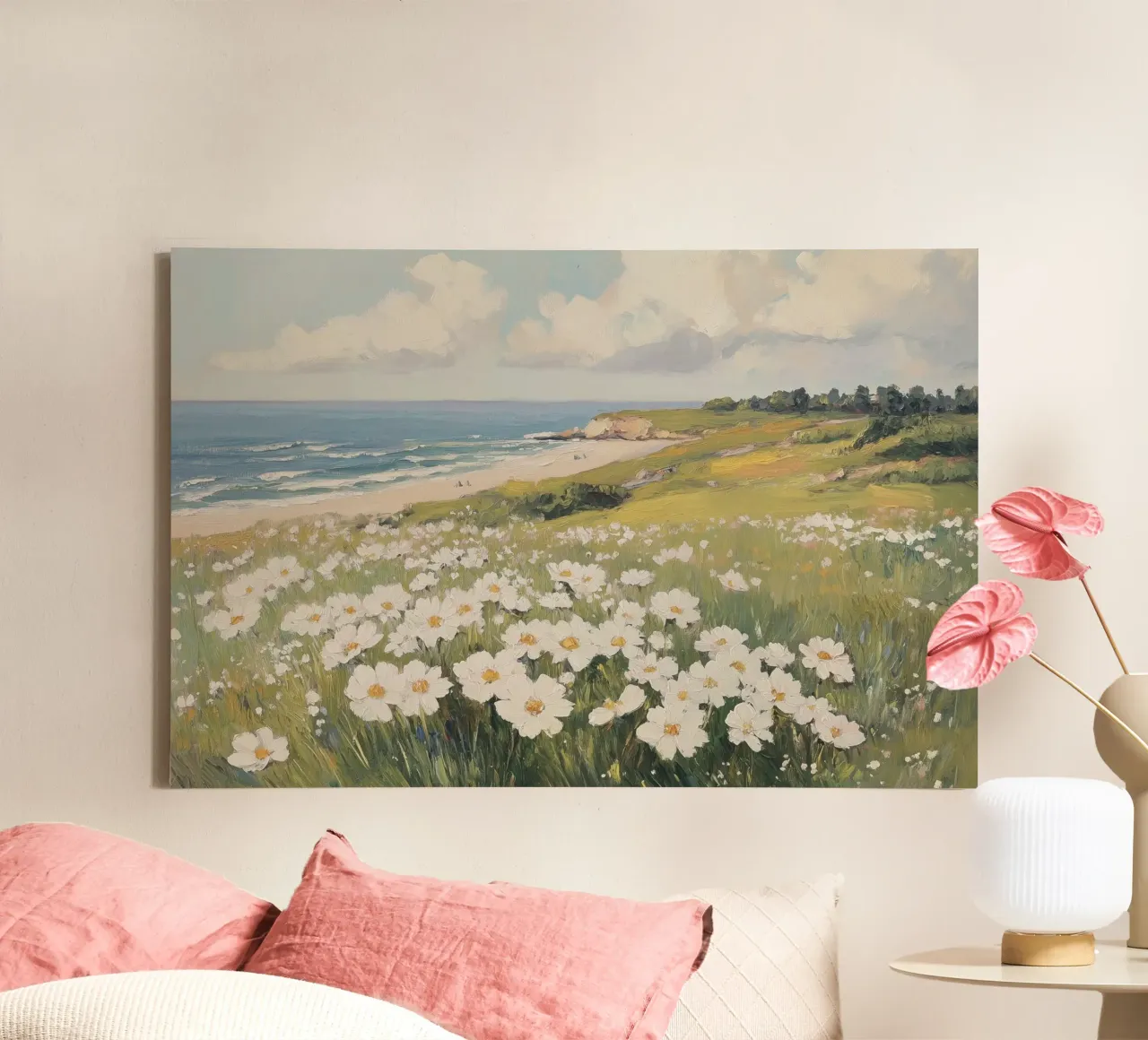 Paesaggio costiero con fiori selvatici a margherita in fiore tela con Cornice a cassetta da Melloi Art Print