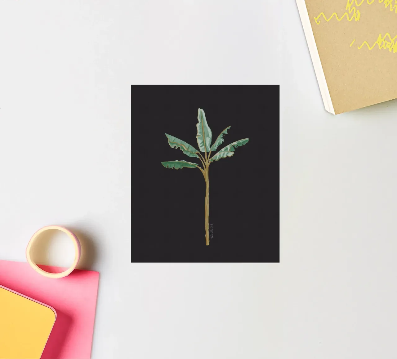 Boho Coastal Surfer Banana Tree Minimalist Black Background sticker by This Wild Soul - Illustration