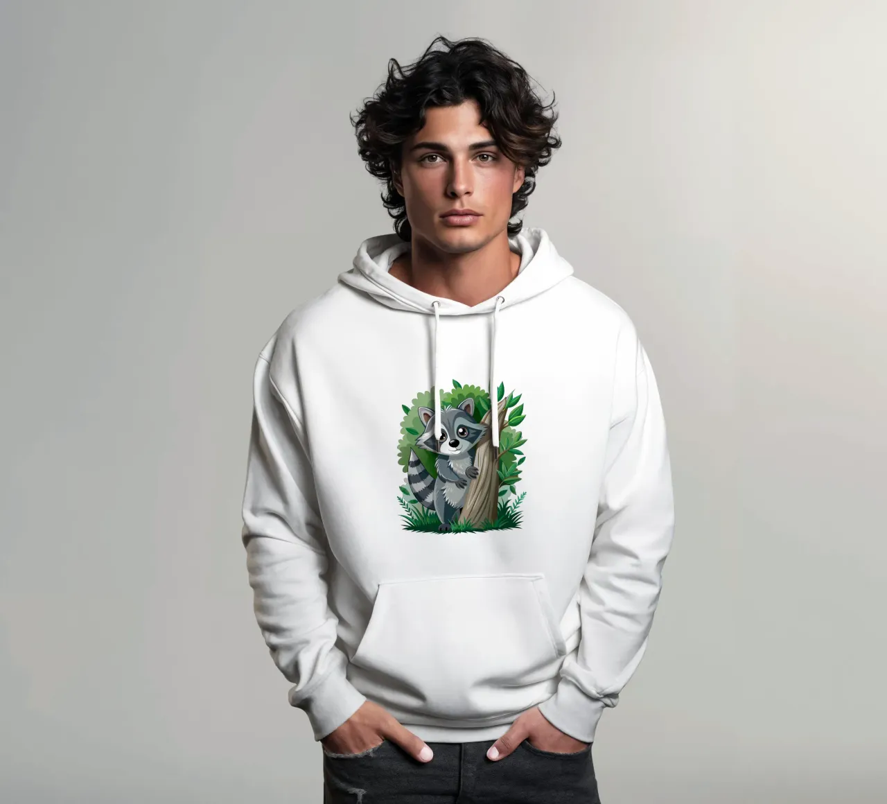Cartone animato di procione carino nella foresta felpa con cappuccio da flufftee