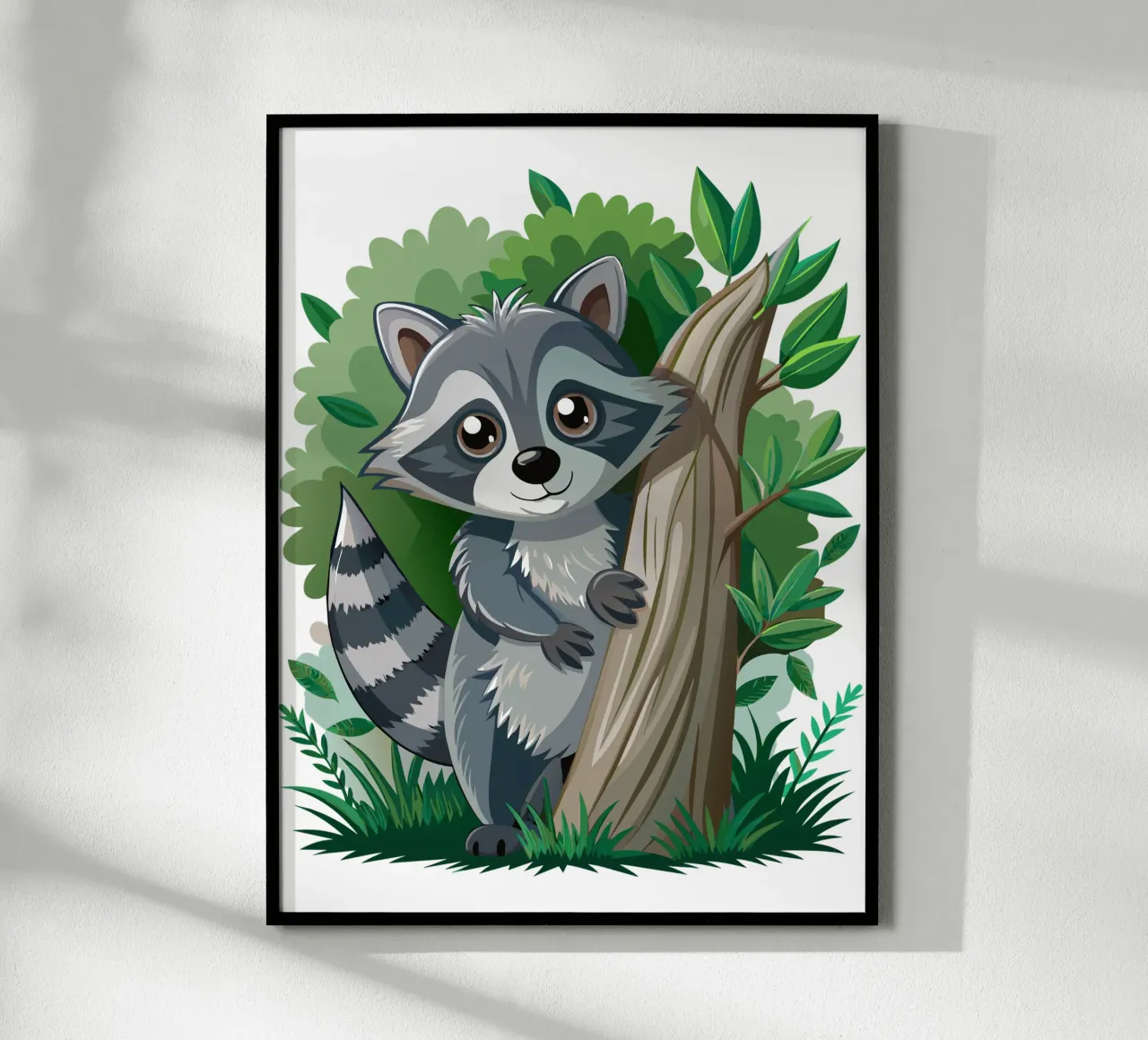 Cartone animato di procione carino nella foresta poster con telaio in plastica da flufftee