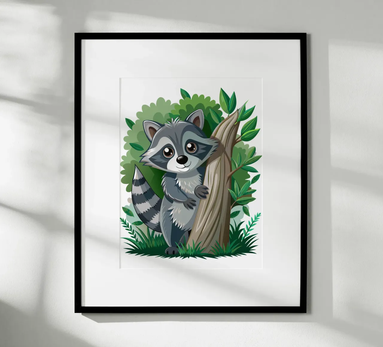 Cartone animato di procione carino nella foresta poster con telaio in plastica da flufftee