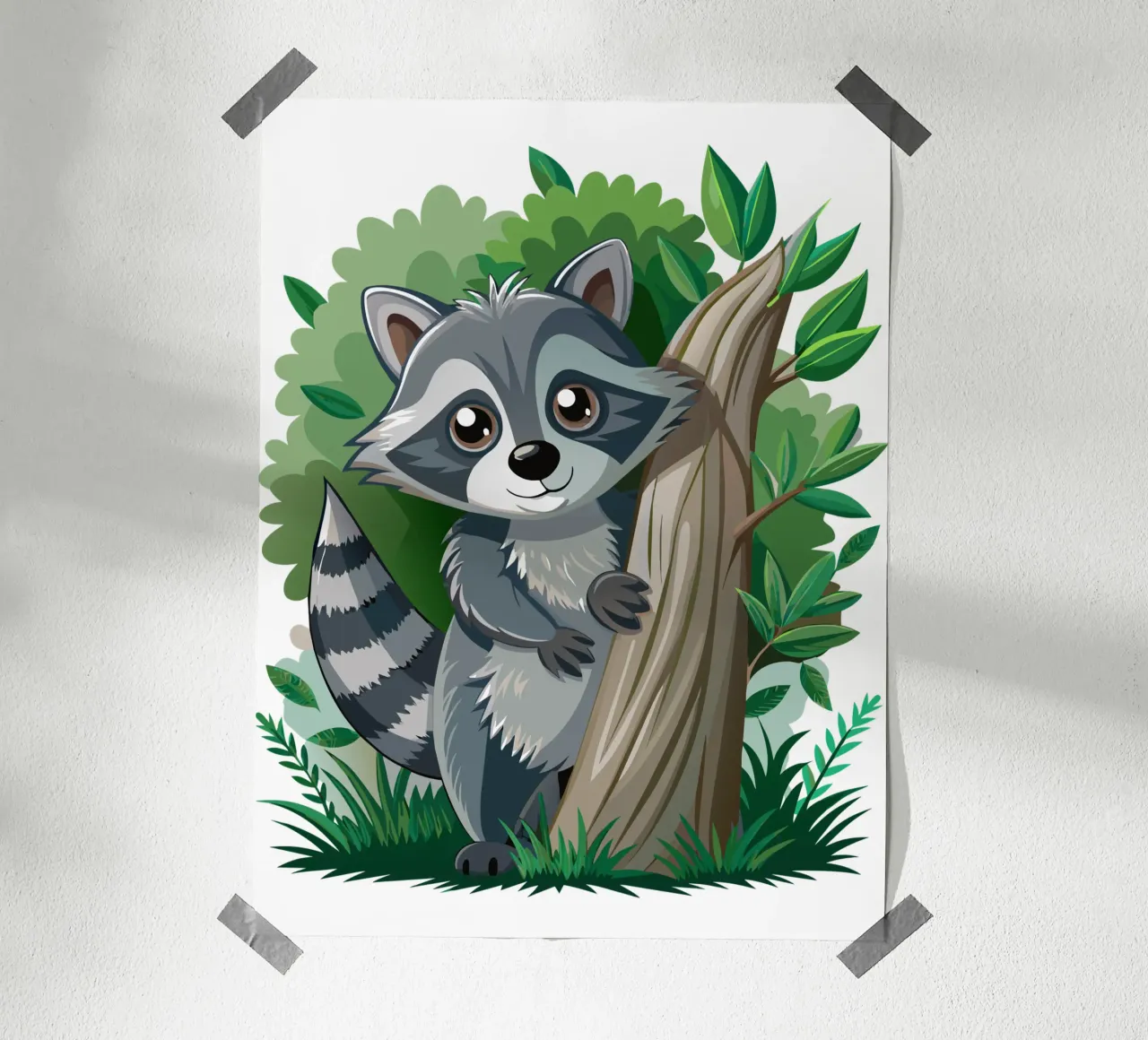 Cartone animato di procione carino nella foresta poster con telaio in plastica da flufftee