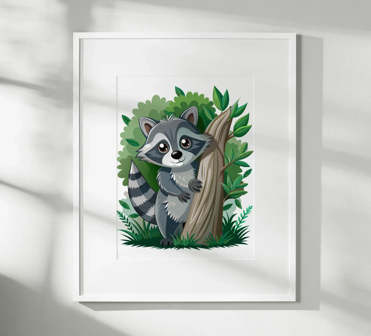 Cartone animato di procione carino nella foresta poster con telaio in plastica da flufftee