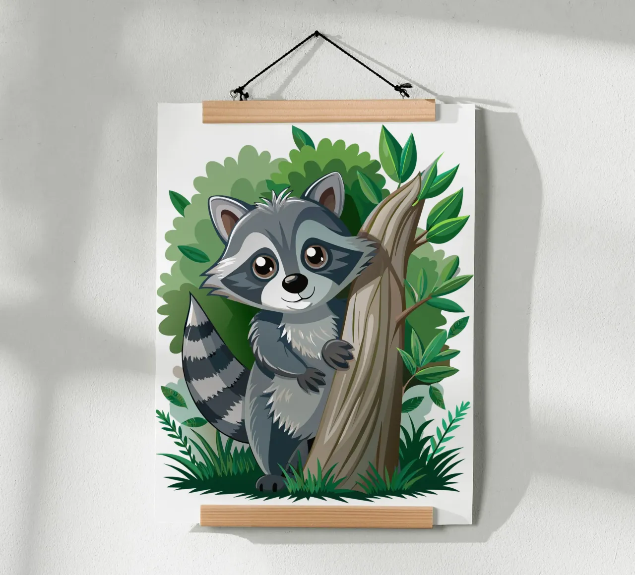 Cartone animato di procione carino nella foresta poster con telaio in plastica da flufftee