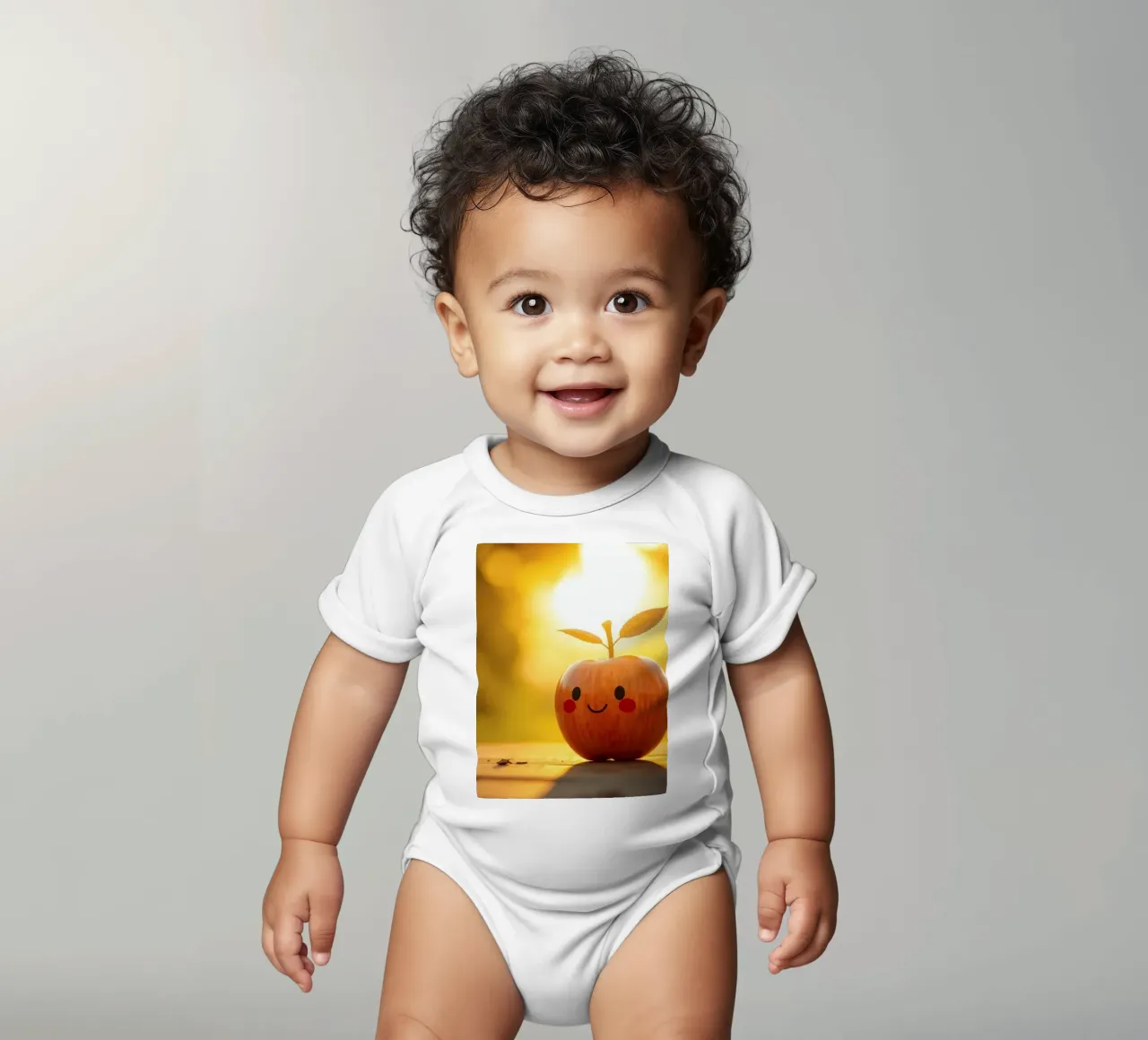 Una mela felice con un sorriso e delle foglie si gode il tramonto body neonato maniche corte da DesignDoodle