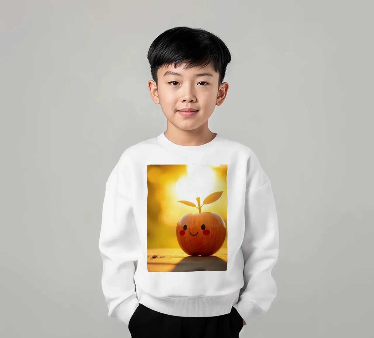 Una mela felice con un sorriso e delle foglie si gode il tramonto felpa bambino da DesignDoodle