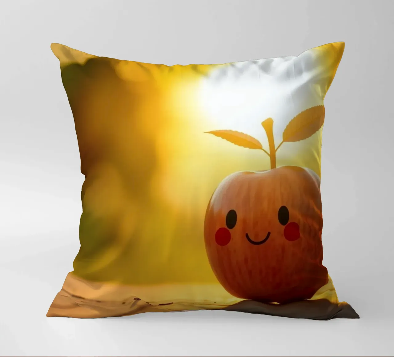 Una mela felice con un sorriso e delle foglie si gode il tramonto cuscino da DesignDoodle