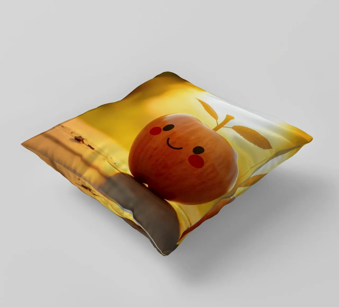 Una mela felice con un sorriso e delle foglie si gode il tramonto cuscino da DesignDoodle
