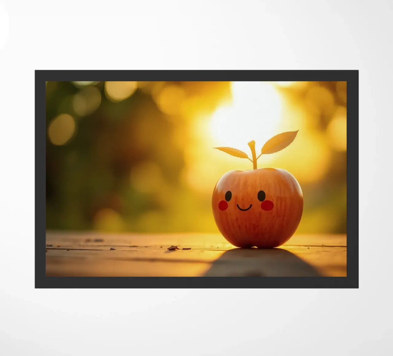Una mela felice con un sorriso e delle foglie si gode il tramonto zerbino da DesignDoodle