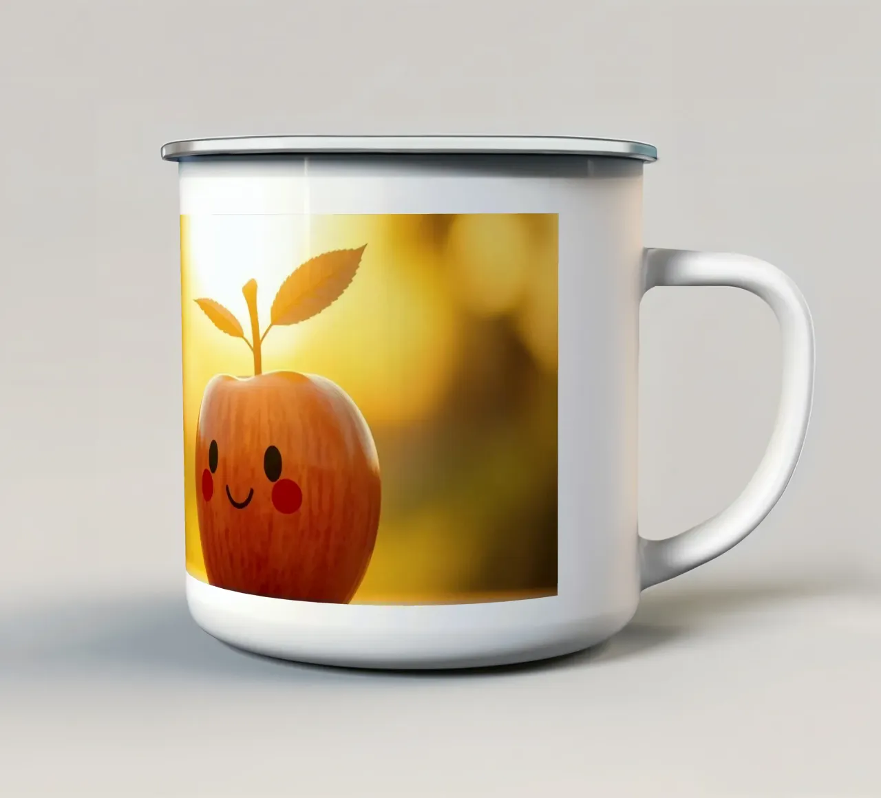 Una mela felice con un sorriso e delle foglie si gode il tramonto tazza in smalto da DesignDoodle