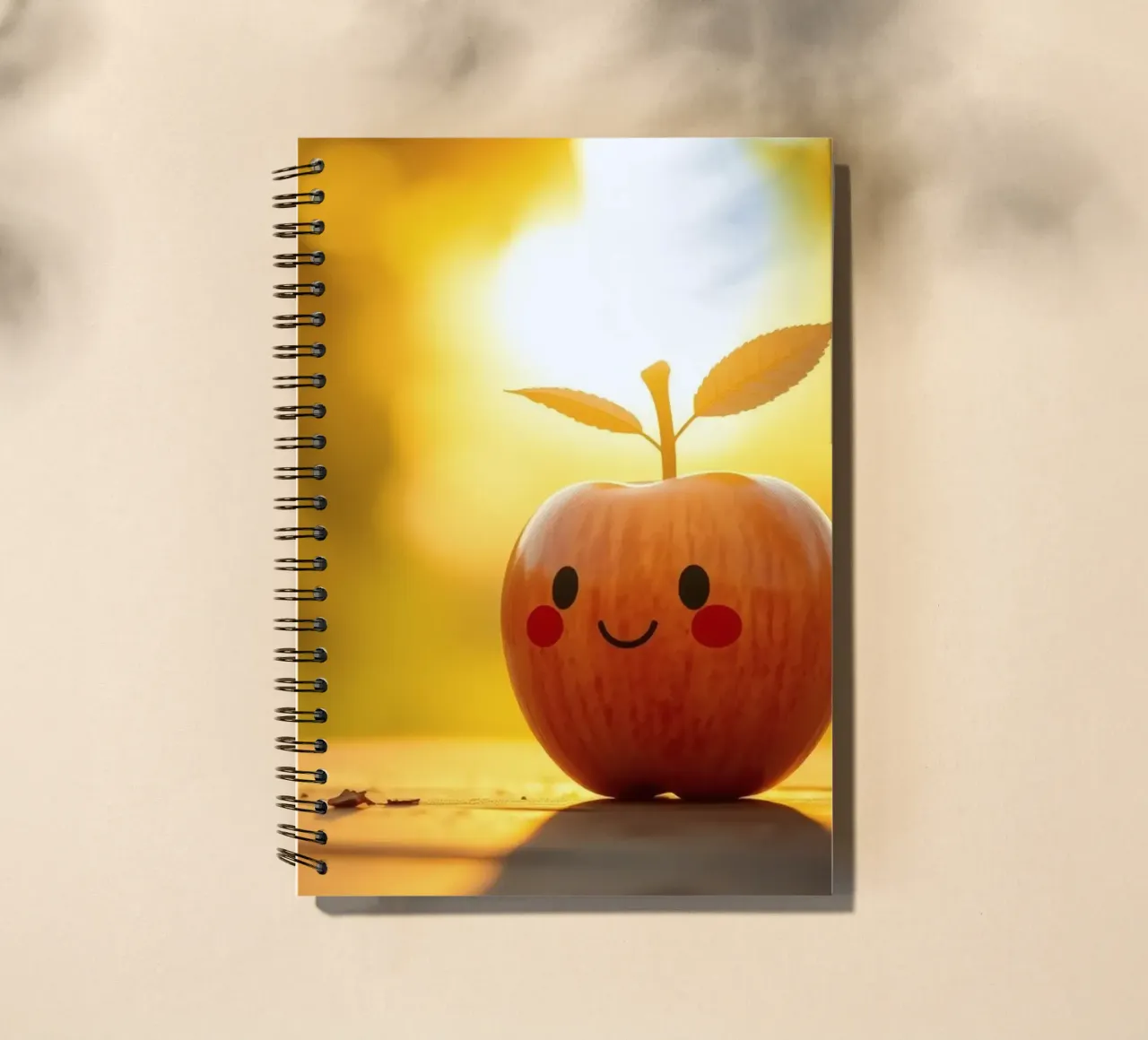 Happy apple with a smile and leaves enjoys a sunset spiral notebook by DesignDoodle