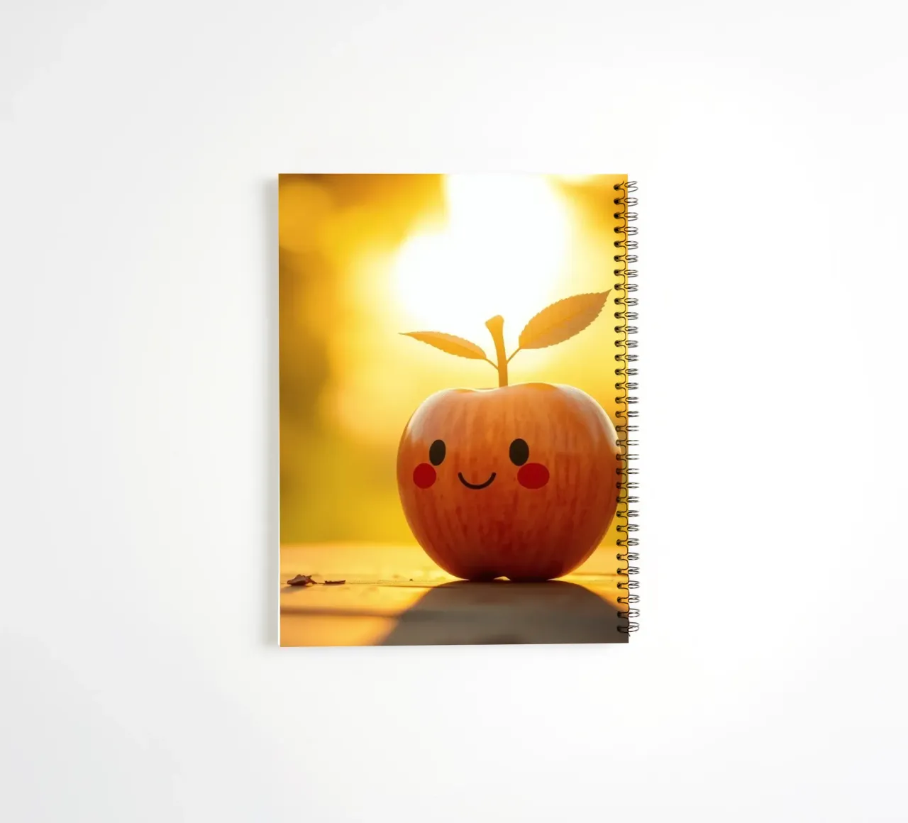 Happy apple with a smile and leaves enjoys a sunset spiral notebook by DesignDoodle