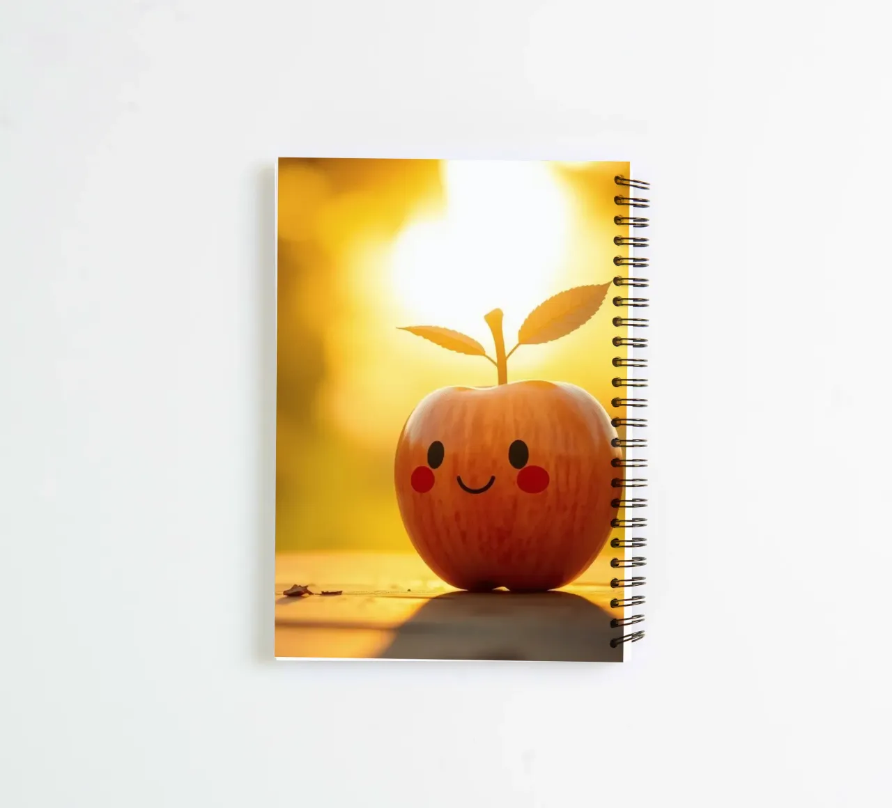 Happy apple with a smile and leaves enjoys a sunset spiral notebook by DesignDoodle