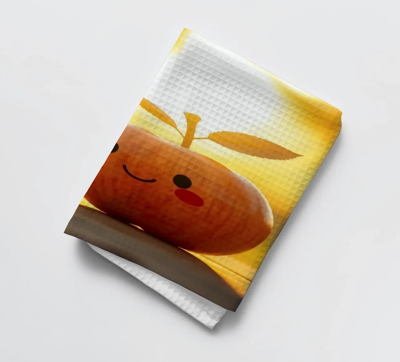 Happy apple with a smile and leaves enjoys a sunset tea towel by DesignDoodle