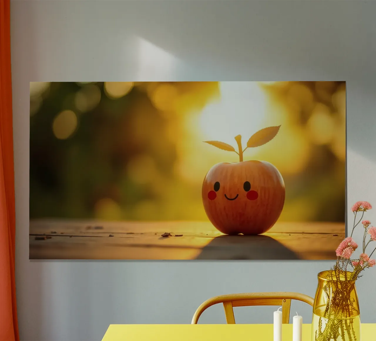 Una mela felice con un sorriso e delle foglie si gode il tramonto carta hahnemühle da DesignDoodle