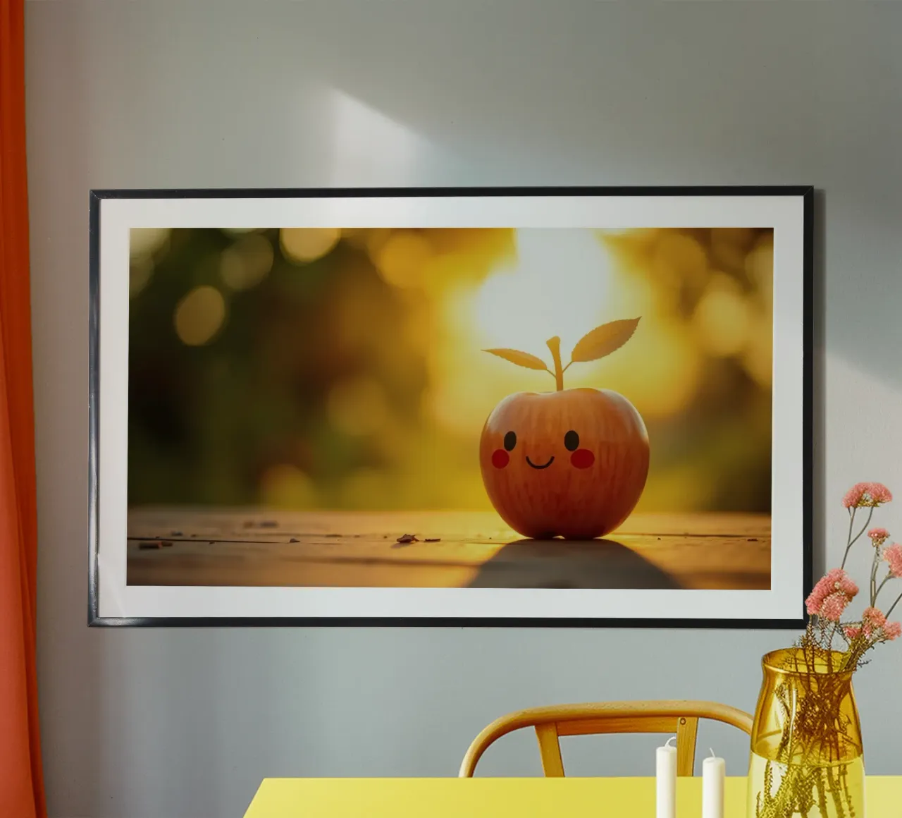 Una mela felice con un sorriso e delle foglie si gode il tramonto carta hahnemühle da DesignDoodle