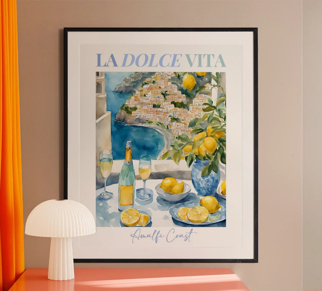 Zitrone Poster, Amalfiküste Champagner Poster, Italien Wandkunst Poster von Bella Studio