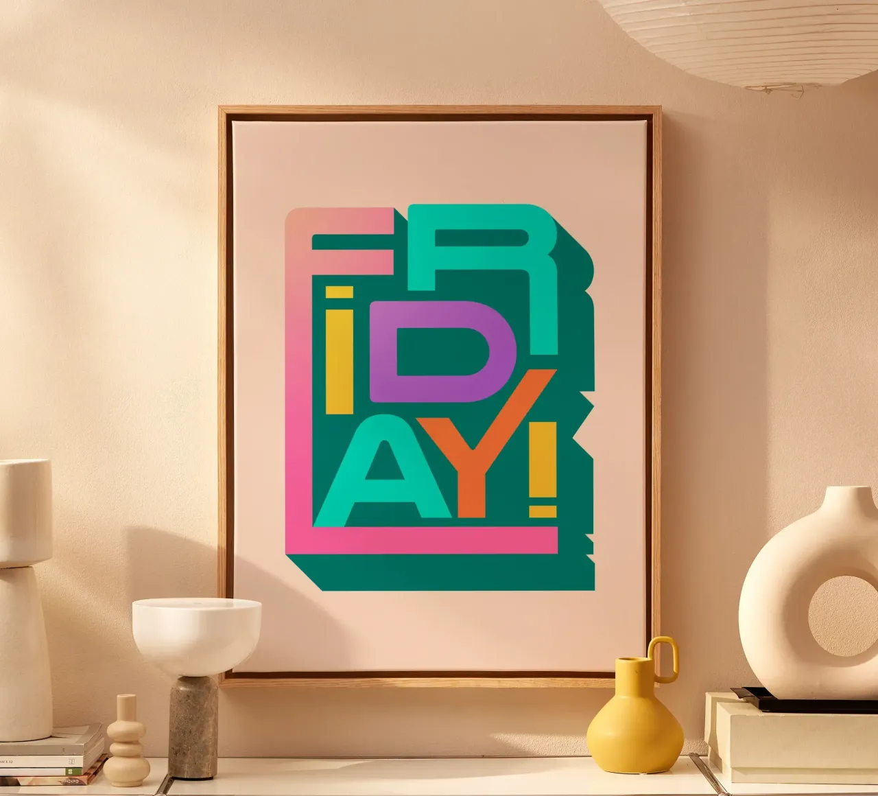 Vrijdag Retro Typografie Kleurrijk Leuk Muurkunstwerk canvas met Baklijst van showmemars