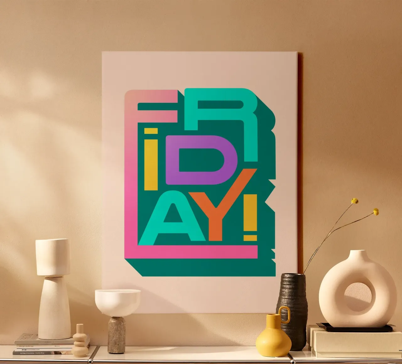 Vrijdag Retro Typografie Kleurrijk Leuk Muurkunstwerk canvas met Baklijst van showmemars
