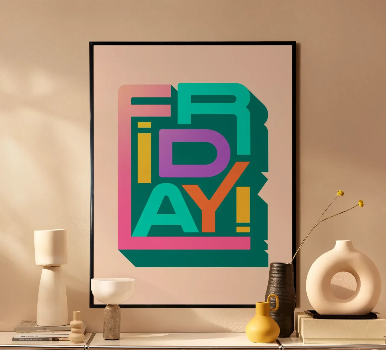 Friday Retro Typography Arte murale colorata e divertente poster con telaio in legno da showmemars