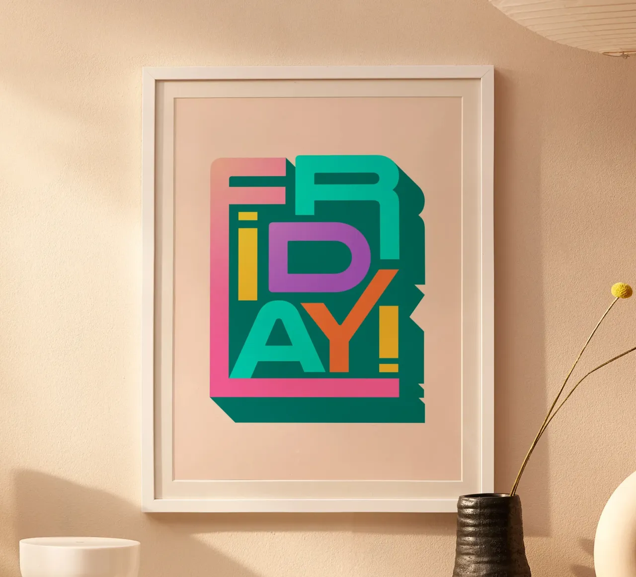 Friday Retro Typography Arte murale colorata e divertente poster con telaio in legno da showmemars