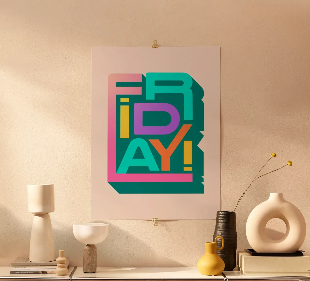 Friday Retro Typography Arte murale colorata e divertente poster con telaio in legno da showmemars